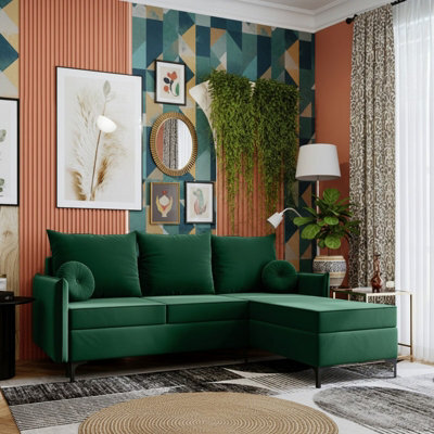 Leon L Mdf Upholstered Corner Sofa Bed With Dl Mechanism Bonell Spring Metal Legs Storage 213X168X101Cm Green Right - image 1