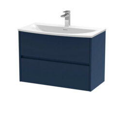 Nuie Havana Wall Hung 2-Drawer Unit & Curved Ceramic Basin, Modern Sink Vanity Unit In Midnight Blue With White Basin