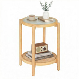 Boho 2 Tier Round Side Table Tempered Glass Top Bedside End Table - thumbnail 3