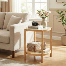 Boho 2 Tier Round Side Table Tempered Glass Top Bedside End Table - thumbnail 4