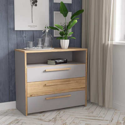 FWSTYLE 3 Drawer Sonoma Oak Matt Grey Chest Of Drawers With Open Storage Shelf - image 1