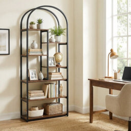 Gainoom Bookshelf Industrial Arched Bookcase Freestanding Tall Display Rack Storage Shelving Unit - thumbnail 3