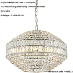 Loops Multi Arm Hanging Ceiling Pendant Light - Bright Nickel Plate & Clear Crystal Glass Shade - 5 X 6W Led E14 - thumbnail 2