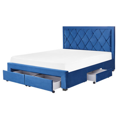Beliani Bed With Storage Drawers Velvet Lievin 160 X 200 Cm (Eu King Size) Navy Blue - image 1
