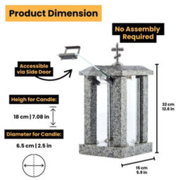 Novecrafto Square Granite Memorial Lantern H 32Cm - Large Grey Graveside Outdoor Candle Lantern With Orthodox Cross For Garden Or Cemetery - thumbnail 3