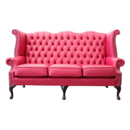Chesterfield 3 Seater High Back Wing Sofa Shelly Anemone Leather In Queen Anne Style - thumbnail 1