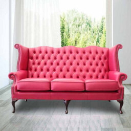 Chesterfield 3 Seater High Back Wing Sofa Shelly Anemone Leather In Queen Anne Style - thumbnail 2