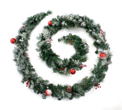 Best Artificial Christmas 12Ft Frosted Red Decorated Christmas Garland Bannister Staircase Fireplace - image 1