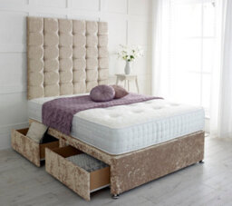 "Slumbre Cubed Crushed Velvet Divan Bed, With Pocket Mattress & 36"" Headboard - 4Ft Small Double - Gold - 4 Drawers"