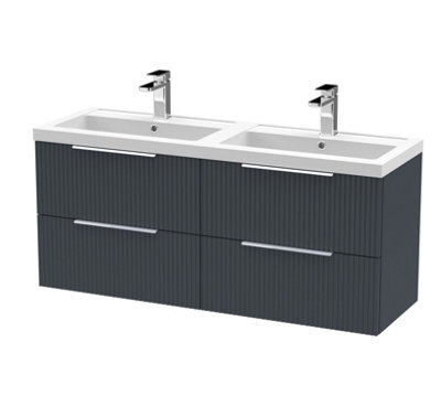 Hudson Reed Fluted Wall Hung 4-Drawer Vanity And Double Polymarble Basin, Contemporary Sink Vanity Unit, Soft Black, 1200mm - image 1