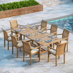 Eterna Florence Teak Garden Outdoor Dining Table & 8 Seat Chair Set - With Black Cushions