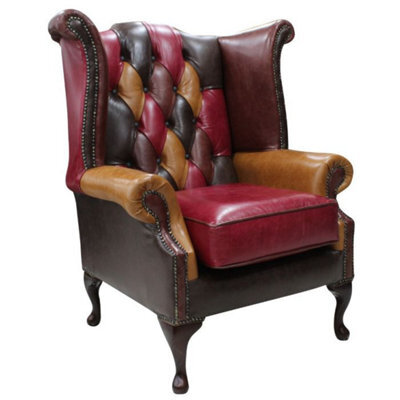 Chesterfield Patchwork High Back Wing Chair Old English Real Leather In Queen Anne Style - image 1