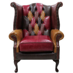 Chesterfield Patchwork High Back Wing Chair Old English Real Leather In Queen Anne Style - thumbnail 2