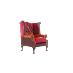 Chesterfield Patchwork High Back Wing Chair Old English Real Leather In Queen Anne Style - thumbnail 4