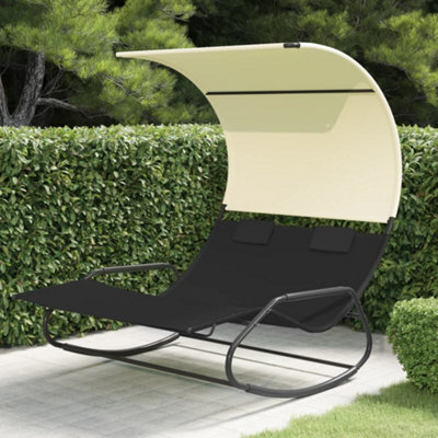 Berkfield Rocking Double Sun Lounger With Canopy Black And Cream - image 1