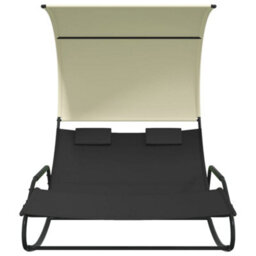 Berkfield Rocking Double Sun Lounger With Canopy Black And Cream - thumbnail 3