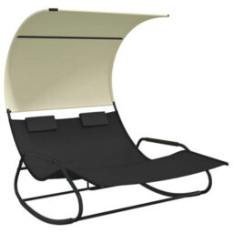 Berkfield Rocking Double Sun Lounger With Canopy Black And Cream - thumbnail 2