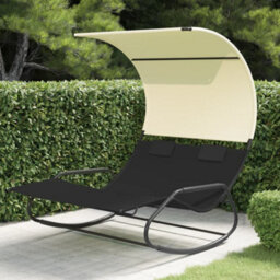Berkfield Rocking Double Sun Lounger With Canopy Black And Cream - thumbnail 1