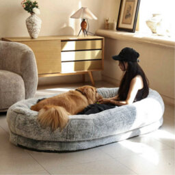 Large Human Dog Bed Pets Giant Beanbag Bed Washable Fur Cover, Blanket - thumbnail 4