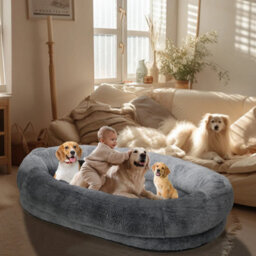 Large Human Dog Bed Pets Giant Beanbag Bed Washable Fur Cover, Blanket - thumbnail 3