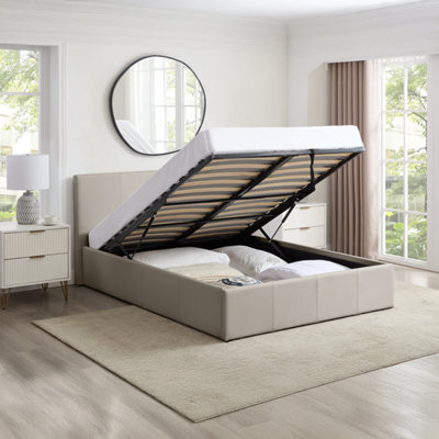 Luna 4Ft6 Double Cream Beige Ottoman Storage Bed Gas Lift Up & Memory Foam & Spring Mattress - L: 203Cm X W: 153Cm X H: 88.5Cm - image 1