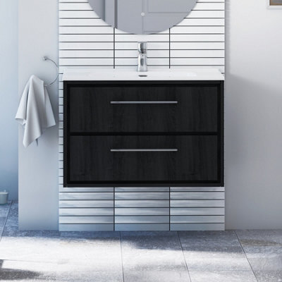 Royal Bathrooms Livora 800mm Black Woodgrain Wall Hung Bathroom Vanity Unit 2 Drawer Storage Cabinet With Ceramic Basin - image 1