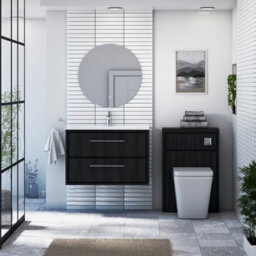 Royal Bathrooms Livora 800mm Black Woodgrain Wall Hung Bathroom Vanity Unit 2 Drawer Storage Cabinet With Ceramic Basin - thumbnail 3