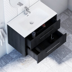Royal Bathrooms Livora 800mm Black Woodgrain Wall Hung Bathroom Vanity Unit 2 Drawer Storage Cabinet With Ceramic Basin - thumbnail 4