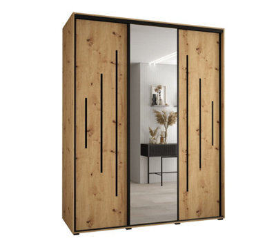 Arte Sturdy Oak Artisan Mirrored Cannes Xiii Sliding Wardrobe H2050mm W2000mm D600mm - Custom Black Steel Handles And Decorative Strips - image 1