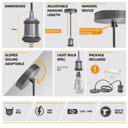 Ledsone 1M Hanging Ceiling Pendant Light Chrome Long Cable Lamp Shade Bulb Holder & Rose - thumbnail 7