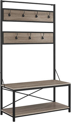 Simpa 2 Tier Driftwood Rustic Wood Hall Tree Coat Rack Shoe Bench Entry Organiser