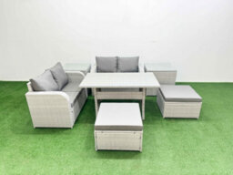 Fimous 6 Seater Outdoor Love Sofa Set Rattan Garden Furniture Set Rectangular Dining Table 2 Footstool 2 Side Tables Light Grey - thumbnail 2