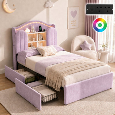 Matteo 3Ft Single House Kids Bed Frame, Velvet, Led Storage Headboard & Usb - image 1