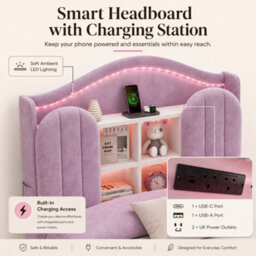 Matteo 3Ft Single House Kids Bed Frame, Velvet, Led Storage Headboard & Usb - thumbnail 8