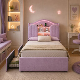 Matteo 3Ft Single House Kids Bed Frame, Velvet, Led Storage Headboard & Usb - thumbnail 4