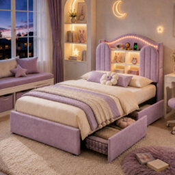 Matteo 3Ft Single House Kids Bed Frame, Velvet, Led Storage Headboard & Usb - thumbnail 5