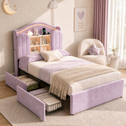 Matteo 3Ft Single House Kids Bed Frame, Velvet, Led Storage Headboard & Usb - thumbnail 6
