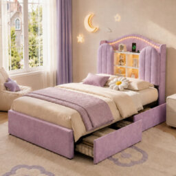 Matteo 3Ft Single House Kids Bed Frame, Velvet, Led Storage Headboard & Usb - thumbnail 3