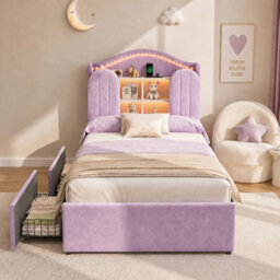 Matteo 3Ft Single House Kids Bed Frame, Velvet, Led Storage Headboard & Usb - thumbnail 2