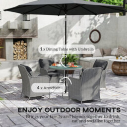 Outsunny Luxury Rattan Garden Dining Set W/ Parasol, Cushions, Light Grey - thumbnail 4