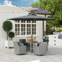 Outsunny Luxury Rattan Garden Dining Set W/ Parasol, Cushions, Light Grey - thumbnail 1