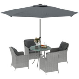Outsunny Luxury Rattan Garden Dining Set W/ Parasol, Cushions, Light Grey - thumbnail 2