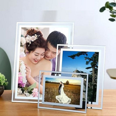 Biznest Set Of 4 Glass Mirror Photo Frame Silver Picture Frames Clear Display Vertically Horizontally Home Table (4-6X4 Inch)