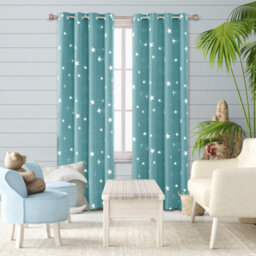 Deconovo Thermal Blackout Eyelet Curtains, Silver Star Foil Printed Room Darkening Curtains, W46 X L84 Inch, Sky Blue, 2 Panels - thumbnail 2