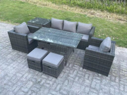 Fimous 7 Seater Rattan Garden Furniture Set Patio Outdoor Rectangular Dining Table Lounge Sofa Chair With 2 Small Stools - thumbnail 2
