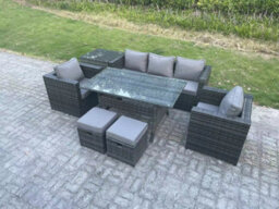 Fimous 7 Seater Rattan Garden Furniture Set Patio Outdoor Rectangular Dining Table Lounge Sofa Chair With 2 Small Stools - thumbnail 1