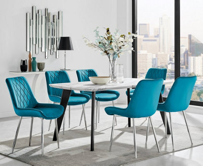 Furniturebox Andria Black Leg Marble Effect Dining Table And  6 Blue Pesaro Silver Leg Chairs - image 1