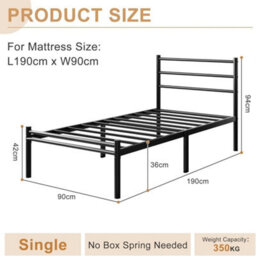 Single Bed Frame 3Ft Metal With Headboard Footboard Black - thumbnail 2
