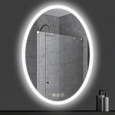 Biznest Oval Shape Bathroom Silver Mirrors Led Lights Wall Mount Vanity Mirror With Bluetooth Speakers Dimmer Anti Fog 50X70 Cm
