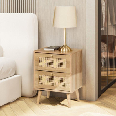 Manila Oak & Pvc Rattan 2 Drawer Bedside Table Nightstand Chest Bedroom Storage Furniture - image 1